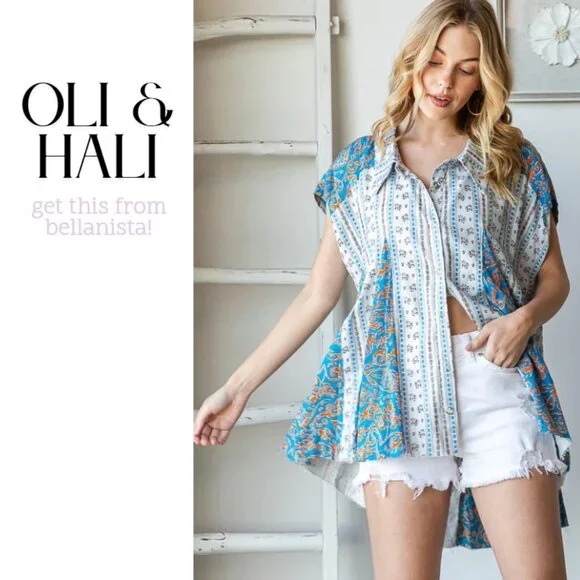 2160 OLI & HALI Blue Printed Flare Hem Button Up Swing Top - Picture 3 of 6